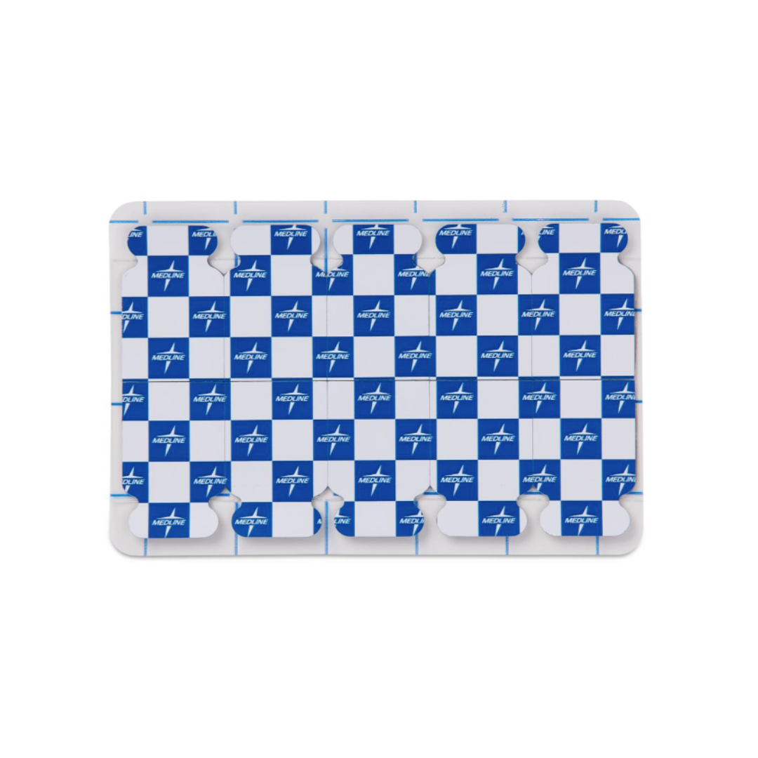 A silver blister pack with a blue and white checkerboard pattern, "AMULYA," a flying bird logo, and "Medline MedGel EKG/ECG Resting Tab Electrodes" printed repeatedly on the packaging.